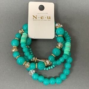 Neu Blue Green Gold-tone Beaded Stretch Bracelet Lot of 4 NWT